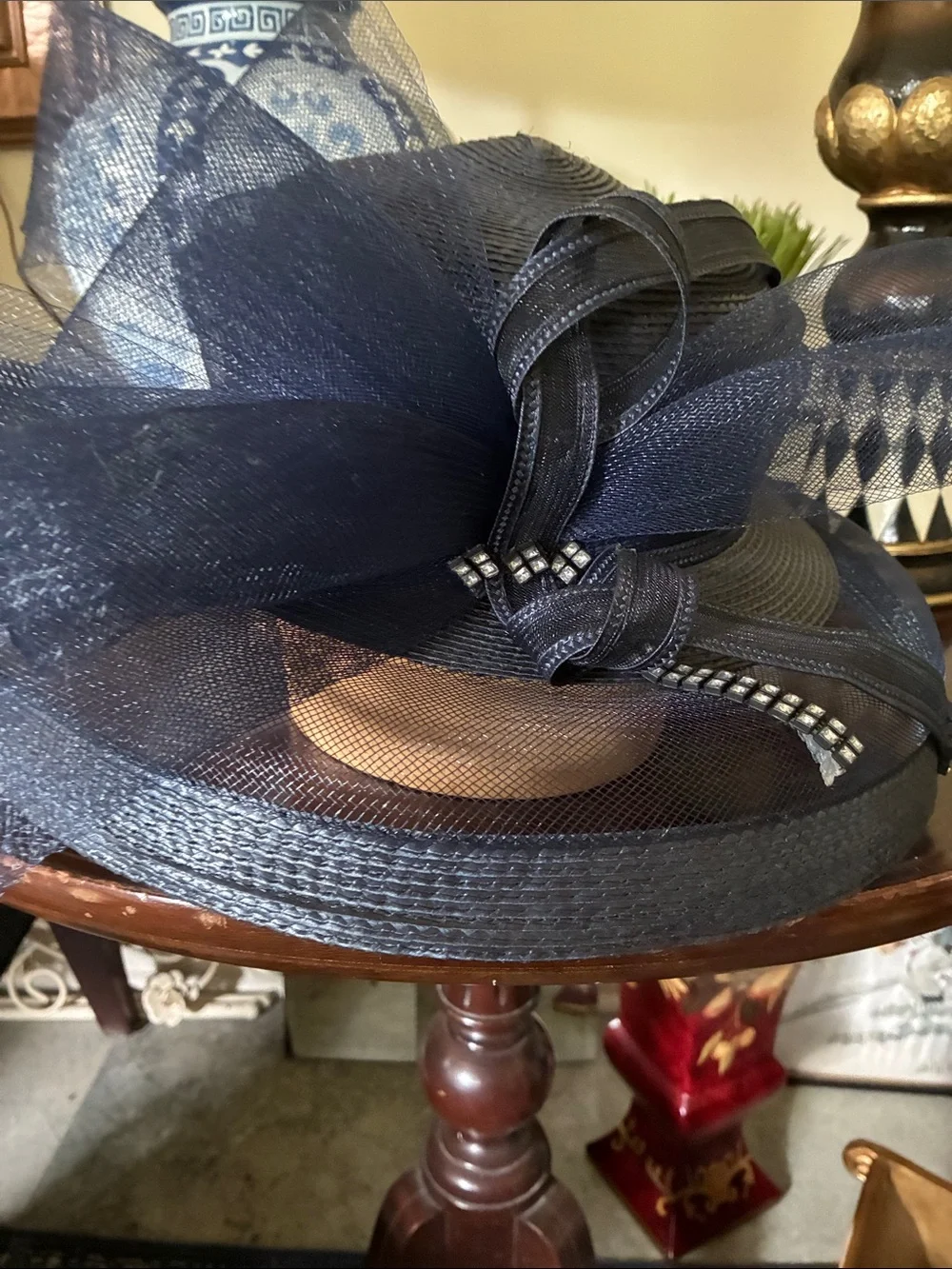 Navy Mesh Fascinator / British Royalty Style with Rhinestone Trim